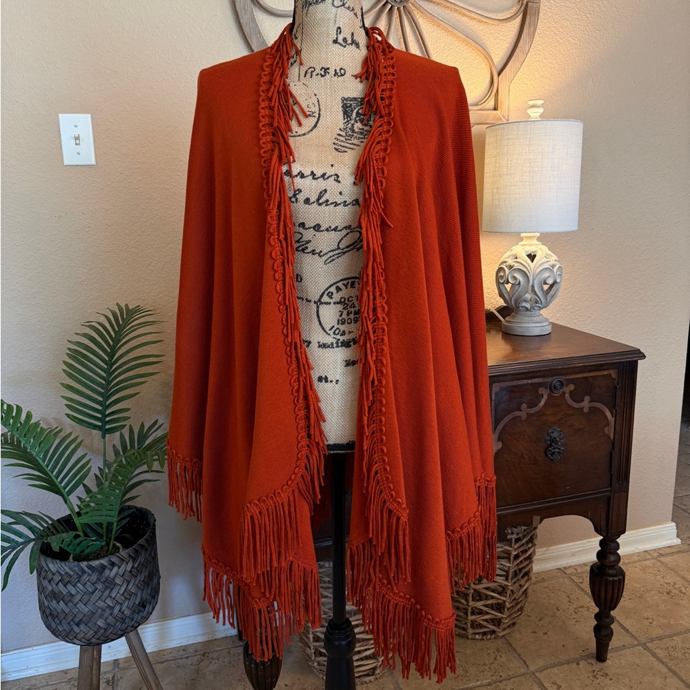 Coldwater Creek Fringed Open Cardigan in Burnt Orange